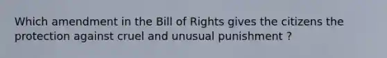 Which amendment in the Bill of Rights gives the citizens the protection against cruel and unusual punishment ?