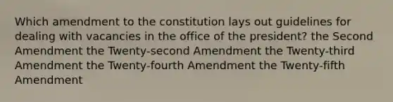 Which amendment to the constitution lays out guidelines for dealing with vacancies in the office of the president? the Second Amendment the Twenty-second Amendment the Twenty-third Amendment the Twenty-fourth Amendment the Twenty-fifth Amendment