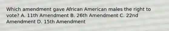 Which amendment gave African American males the right to vote? A. 11th Amendment B. 26th Amendment C. 22nd Amendment D. 15th Amendment