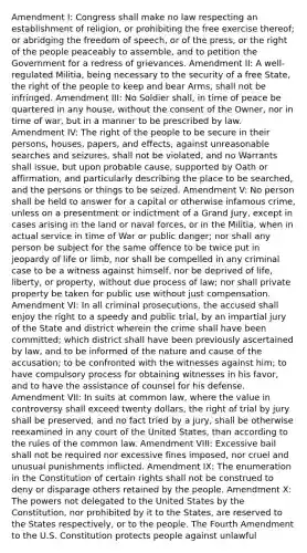 Amendment I: Congress shall make no law respecting an establishment of religion, or prohibiting the free exercise thereof; or abridging the freedom of speech, or of the press, or the right of the people peaceably to assemble, and to petition the Government for a redress of grievances. Amendment II: A well-regulated Militia, being necessary to the security of a free State, the right of the people to keep and bear Arms, shall not be infringed. Amendment III: No Soldier shall, in time of peace be quartered in any house, without the consent of the Owner, nor in time of war, but in a manner to be prescribed by law. Amendment IV: The right of the people to be secure in their persons, houses, papers, and effects, against unreasonable searches and seizures, shall not be violated, and no Warrants shall issue, but upon probable cause, supported by Oath or affirmation, and particularly describing the place to be searched, and the persons or things to be seized. Amendment V: No person shall be held to answer for a capital or otherwise infamous crime, unless on a presentment or indictment of a Grand Jury, except in cases arising in the land or naval forces, or in the Militia, when in actual service in time of War or public danger; nor shall any person be subject for the same offence to be twice put in jeopardy of life or limb, nor shall be compelled in any criminal case to be a witness against himself, nor be deprived of life, liberty, or property, without due process of law; nor shall private property be taken for public use without just compensation. Amendment VI: In all criminal prosecutions, the accused shall enjoy the right to a speedy and public trial, by an impartial jury of the State and district wherein the crime shall have been committed; which district shall have been previously ascertained by law, and to be informed of the nature and cause of the accusation; to be confronted with the witnesses against him; to have compulsory process for obtaining witnesses in his favor, and to have the assistance of counsel for his defense. Amendment VII: In suits at common law, where the value in controversy shall exceed twenty dollars, the right of trial by jury shall be preserved, and no fact tried by a jury, shall be otherwise reexamined in any court of the United States, than according to the rules of the common law. Amendment VIII: Excessive bail shall not be required nor excessive fines imposed, nor cruel and unusual punishments inflicted. Amendment IX: The enumeration in the Constitution of certain rights shall not be construed to deny or disparage others retained by the people. Amendment X: The powers not delegated to the United States by the Constitution, nor prohibited by it to the States, are reserved to the States respectively, or to the people. The Fourth Amendment to the U.S. Constitution protects people against unlawful