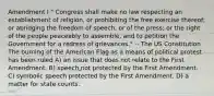 Amendment I " Congress shall make no law respecting an establishment of religion, or prohibiting the free exercise thereof; or abridging the freedom of speech, or of the press; or the right of the people peaceably to assemble, and to petition the Government for a redress of grievances." -- The US Constitution The burning of the American Flag as a means of political protest has been ruled A) an issue that does not relate to the First Amendment. B) speech not protected by the First Amendment. C) symbolic speech protected by the First Amendment. D) a matter for state counts.