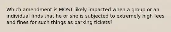 Which amendment is MOST likely impacted when a group or an individual finds that he or she is subjected to extremely high fees and fines for such things as parking tickets?