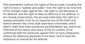 This amendment outlines the rights of the accused, including the right to have a "speedy and public" trial, the right to be informed of the charges made against him, the right to call witnesses in his defense, and the right to have an attorney in his defense. In all criminal prosecutions, the accused shall enjoy the right to a speedy and public trial, by an impartial jury of the State and district wherein the crime shall have been committed, which district shall have been previously ascertained by law, and to be informed of the nature and cause of the accusation; to be confronted with the witnesses against him; to have compulsory process for obtaining witnesses in his favor, and to have the assistance of counsel for his defense.