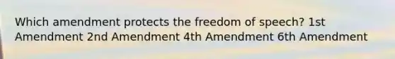 Which amendment protects the freedom of speech? 1st Amendment 2nd Amendment 4th Amendment 6th Amendment