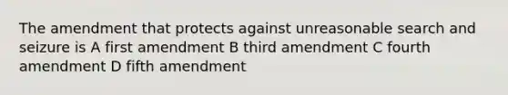 The amendment that protects against unreasonable search and seizure is A first amendment B third amendment C fourth amendment D fifth amendment