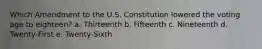 Which Amendment to the U.S. Constitution lowered the voting age to eighteen? a. Thirteenth b. Fifteenth c. Nineteenth d. Twenty-First e. Twenty-Sixth