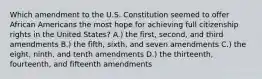 Which amendment to the U.S. Constitution seemed to offer African Americans the most hope for achieving full citizenship rights in the United States? A.) the first, second, and third amendments B.) the fifth, sixth, and seven amendments C.) the eight, ninth, and tenth amendments D.) the thirteenth, fourteenth, and fifteenth amendments