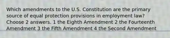 Which amendments to the U.S. Constitution are the primary source of equal protection provisions in employment law? Choose 2 answers. 1 the Eighth Amendment 2 the Fourteenth Amendment 3 the Fifth Amendment 4 the Second Amendment