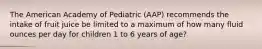 The American Academy of Pediatric (AAP) recommends the intake of fruit juice be limited to a maximum of how many fluid ounces per day for children 1 to 6 years of age?