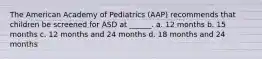 The American Academy of Pediatrics (AAP) recommends that children be screened for ASD at ______. a. 12 months b. 15 months c. 12 months and 24 months d. 18 months and 24 months