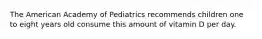 The American Academy of Pediatrics recommends children one to eight years old consume this amount of vitamin D per day.