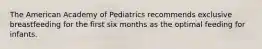 The American Academy of Pediatrics recommends exclusive breastfeeding for the first six months as the optimal feeding for infants.