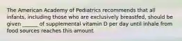 The American Academy of Pediatrics recommends that all infants, including those who are exclusively breastfed, should be given ______ of supplemental vitamin D per day until inhale from food sources reaches this amount