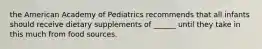 the American Academy of Pediatrics recommends that all infants should receive dietary supplements of ______ until they take in this much from food sources.