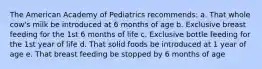 The American Academy of Pediatrics recommends: a. That whole cow's milk be introduced at 6 months of age b. Exclusive breast feeding for the 1st 6 months of life c. Exclusive bottle feeding for the 1st year of life d. That solid foods be introduced at 1 year of age e. That breast feeding be stopped by 6 months of age