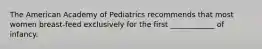 The American Academy of Pediatrics recommends that most women breast-feed exclusively for the first ____________ of infancy.