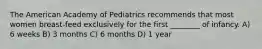 The American Academy of Pediatrics recommends that most women breast-feed exclusively for the first ________ of infancy. A) 6 weeks B) 3 months C) 6 months D) 1 year