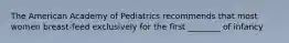 The American Academy of Pediatrics recommends that most women breast-feed exclusively for the first ________ of infancy