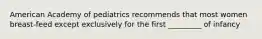 American Academy of pediatrics recommends that most women breast-feed except exclusively for the first _________ of infancy