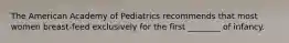 The American Academy of Pediatrics recommends that most women breast-feed exclusively for the first ________ of infancy.