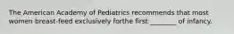 The American Academy of Pediatrics recommends that most women breast-feed exclusively forthe first ________ of infancy.