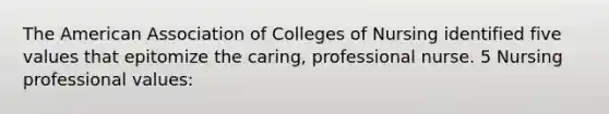 The American Association of Colleges of Nursing identified five values that epitomize the caring, professional nurse. 5 Nursing professional values: