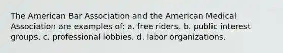 The American Bar Association and the American Medical Association are examples of: a. free riders. b. public interest groups. c. professional lobbies. d. labor organizations.