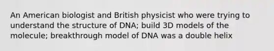 An American biologist and British physicist who were trying to understand the structure of DNA; build 3D models of the molecule; breakthrough model of DNA was a double helix