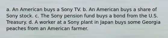 a. An American buys a Sony TV. b. An American buys a share of Sony stock. c. The Sony pension fund buys a bond from the U.S. Treasury. d. A worker at a Sony plant in Japan buys some Georgia peaches from an American farmer.