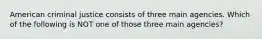 American criminal justice consists of three main agencies. Which of the following is NOT one of those three main agencies?