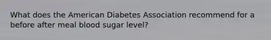 What does the American Diabetes Association recommend for a before after meal blood sugar level?