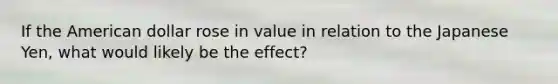 If the American dollar rose in value in relation to the Japanese Yen, what would likely be the effect?