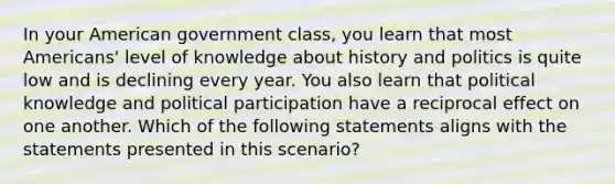 In your American government class, you learn that most Americans' level of knowledge about history and politics is quite low and is declining every year. You also learn that political knowledge and political participation have a reciprocal effect on one another. Which of the following statements aligns with the statements presented in this scenario?