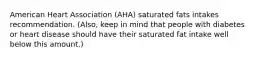 American Heart Association (AHA) saturated fats intakes recommendation. (Also, keep in mind that people with diabetes or heart disease should have their saturated fat intake well below this amount.)