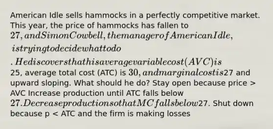 American Idle sells hammocks in a perfectly competitive market. This year, the price of hammocks has fallen to 27, and Simon Cowbell, the manager of American Idle, is trying to decide what to do. He discovers that his average variable cost (AVC) is25, average total cost (ATC) is 30, and marginal cost is27 and upward sloping. What should he do? Stay open because price > AVC Increase production until ATC falls below 27. Decrease production so that MC falls below27. Shut down because p < ATC and the firm is making losses