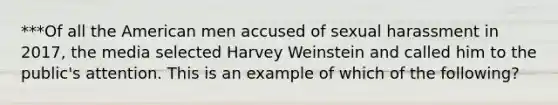 ***Of all the American men accused of sexual harassment in 2017, the media selected Harvey Weinstein and called him to the public's attention. This is an example of which of the following?