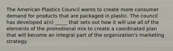 The American Plastics Council wants to create more consumer demand for products that are packaged in plastic. The council has developed a(n) _____ that sets out how it will use all of the elements of the promotional mix to create a coordinated plan that will become an integral part of the organization's marketing strategy.