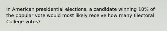 In American presidential elections, a candidate winning 10% of the popular vote would most likely receive how many Electoral College votes?