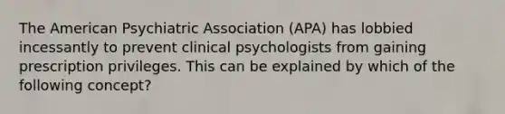 The American Psychiatric Association (APA) has lobbied incessantly to prevent clinical psychologists from gaining prescription privileges. This can be explained by which of the following concept?