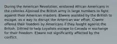 During the American Revolution, enslaved African Americans in the colonies A)joined the British army in large numbers to fight against their American masters. B)were assisted by the British to escape, as a way to disrupt the American war effort. C)were offered their freedom by Americans if they fought against the British. D)tried to help Loyalists escape to Canada in exchange for their freedom. E)were not significantly affected by the conflict.