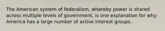 The American system of federalism, whereby power is shared across multiple levels of government, is one explanation for why America has a large number of active interest groups.