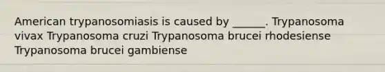 American trypanosomiasis is caused by ______. Trypanosoma vivax Trypanosoma cruzi Trypanosoma brucei rhodesiense Trypanosoma brucei gambiense