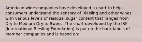 American wine companies have developed a chart to help consumers understand the sensory of Riesling and other wines with various levels of residual sugar content that ranges from Dry to Medium Dry to Sweet. The chart developed by the IRF (International Riesling Foundation) is put on the back labels of member companies and is based on: