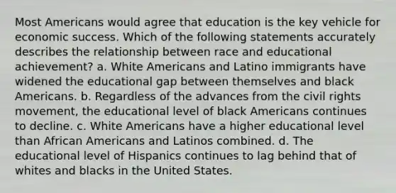 Most Americans would agree that education is the key vehicle for economic success. Which of the following statements accurately describes the relationship between race and educational achievement? a. White Americans and Latino immigrants have widened the educational gap between themselves and black Americans. b. Regardless of the advances from the civil rights movement, the educational level of black Americans continues to decline. c. White Americans have a higher educational level than African Americans and Latinos combined. d. The educational level of Hispanics continues to lag behind that of whites and blacks in the United States.