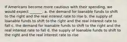 If Americans become more cautious with their spending, we would expect _______. a. the demand for loanable funds to shift to the right and the real interest rate to rise b. the supply of loanable funds to shift to the right and the real interest rate to fall c. the demand for loanable funds to shift to the right and the real interest rate to fall d. the supply of loanable funds to shift to the right and the real interest rate to rise