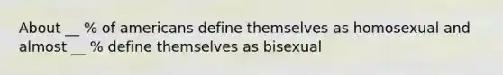 About __ % of americans define themselves as homosexual and almost __ % define themselves as bisexual