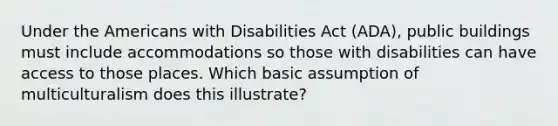 Under the Americans with Disabilities Act (ADA), public buildings must include accommodations so those with disabilities can have access to those places. Which basic assumption of multiculturalism does this illustrate?