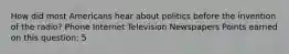 How did most Americans hear about politics before the invention of the radio? Phone Internet Television Newspapers Points earned on this question: 5