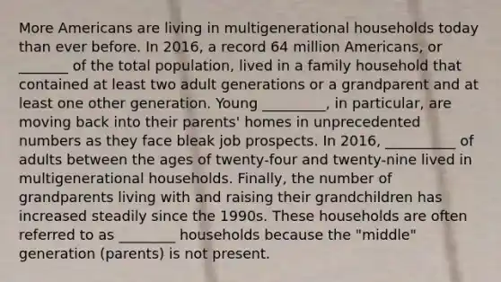 More Americans are living in multigenerational households today than ever before. In 2016, a record 64 million Americans, or _______ of the total population, lived in a family household that contained at least two adult generations or a grandparent and at least one other generation. Young _________, in particular, are moving back into their parents' homes in unprecedented numbers as they face bleak job prospects. In 2016, __________ of adults between the ages of twenty-four and twenty-nine lived in multigenerational households. Finally, the number of grandparents living with and raising their grandchildren has increased steadily since the 1990s. These households are often referred to as ________ households because the "middle" generation (parents) is not present.