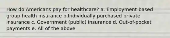 How do Americans pay for healthcare? a. Employment-based group health insurance b.Individually purchased private insurance c. Government (public) insurance d. Out-of-pocket payments e. All of the above